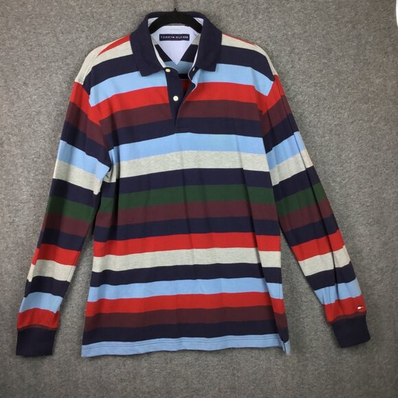 Y2K Tommy Hilfiger 100% Cotton Striped Rugby Shirt Sz M Long Sleeves - Picture 1 of 7